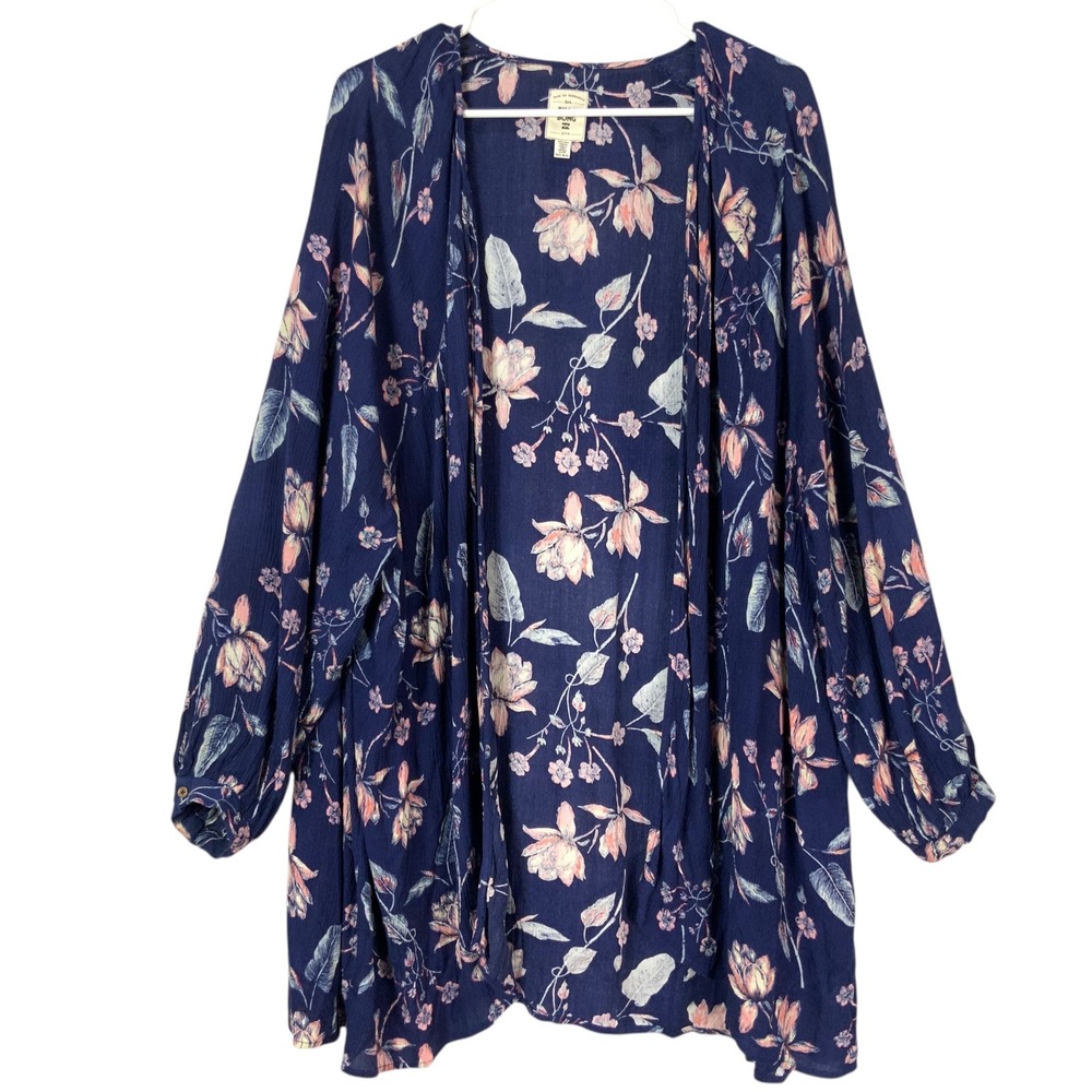 Billabong Navy Blue Floral Kimono Cardigan M/L Open V-Neck Long Sleeve Rayon